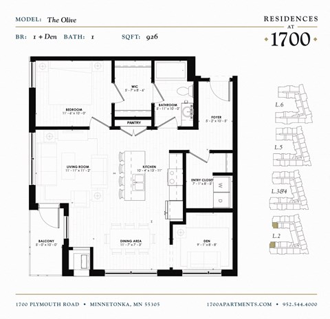 Floor plan for 1 bed, 1 bath, 926 sqft
